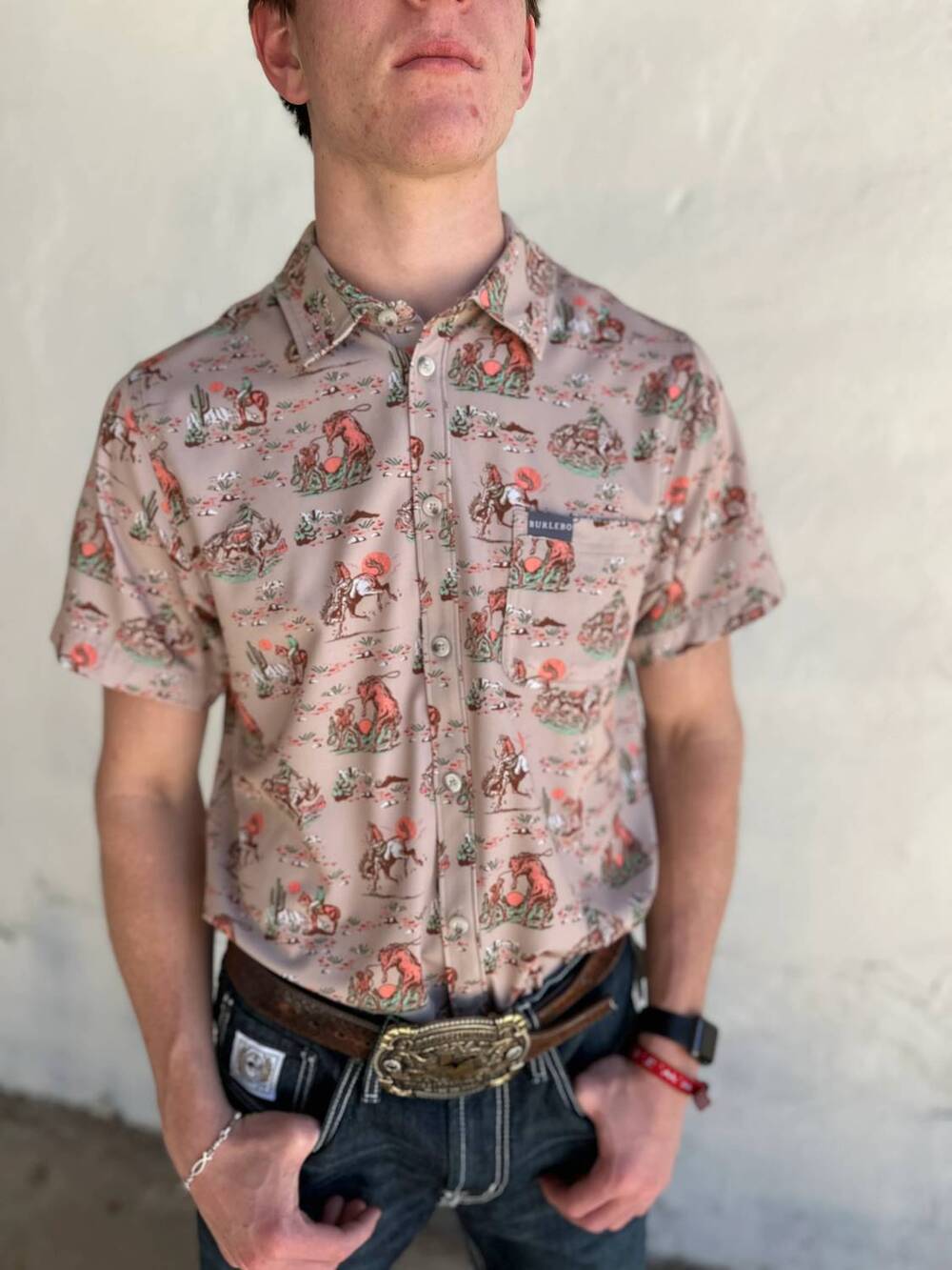 NEW BURLEBO men's performance button up shirt in beige
